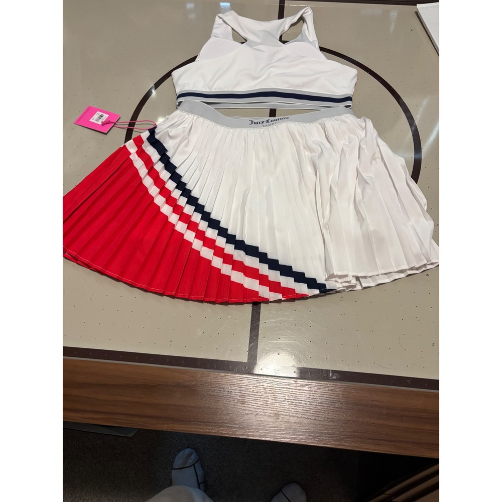 Juicy Couture Sport Tennis Set XL White Red Blue Pleated Skort & Sports Bra NWT - Picture 7 of 7